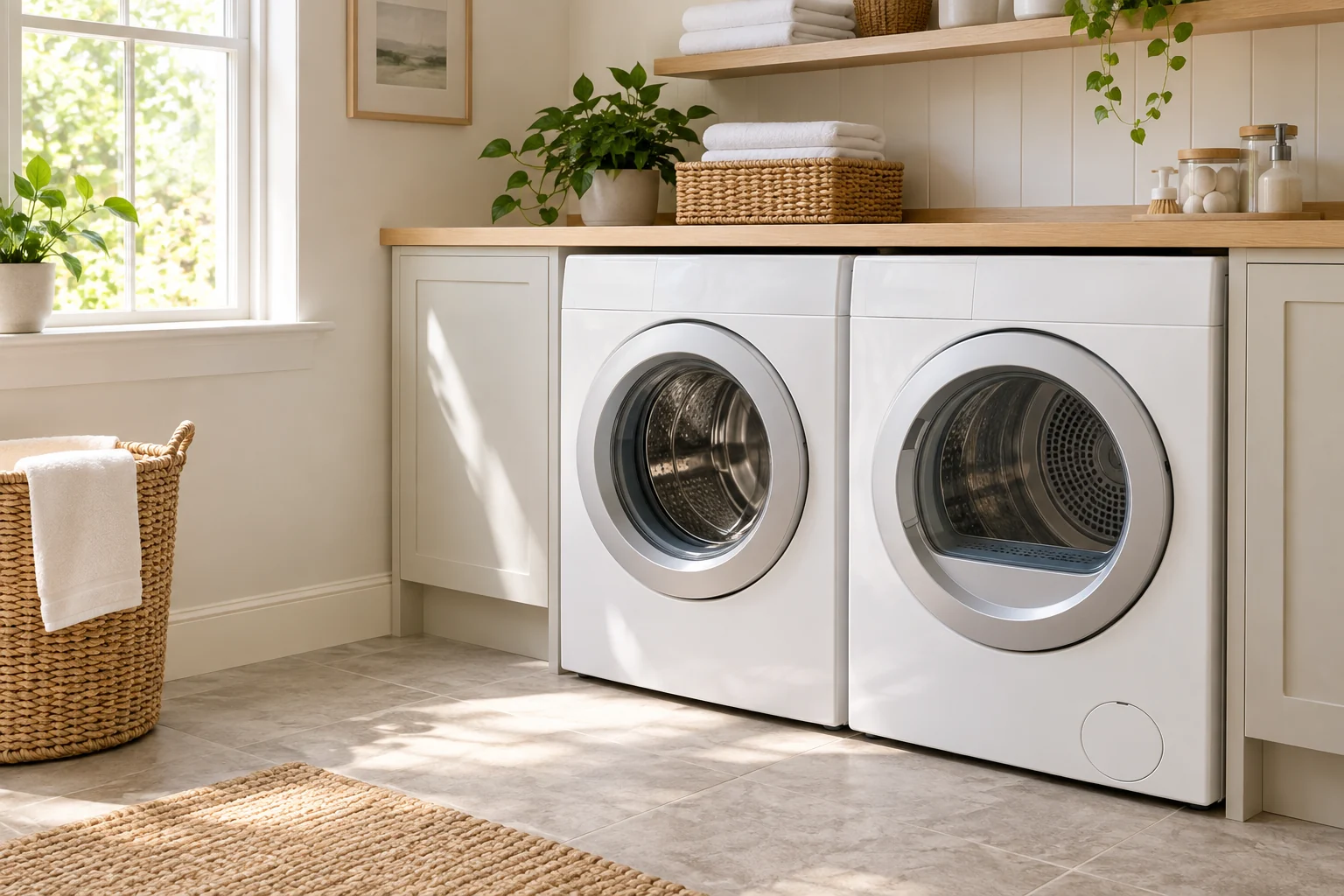 Two white laundry appliances beneath an oak worktop in a bright, tidy laundry room.